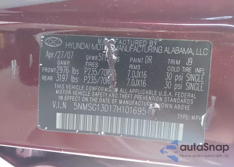 2007 Hyundai Santa Fe Gls z USA, uszkodzony, nr VIN 5NMSG13D17H101695